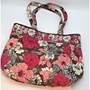 Vera Bradley Mocha Rouge Large Pink Floral Tote Quilted  Cotton Shoulder Bag